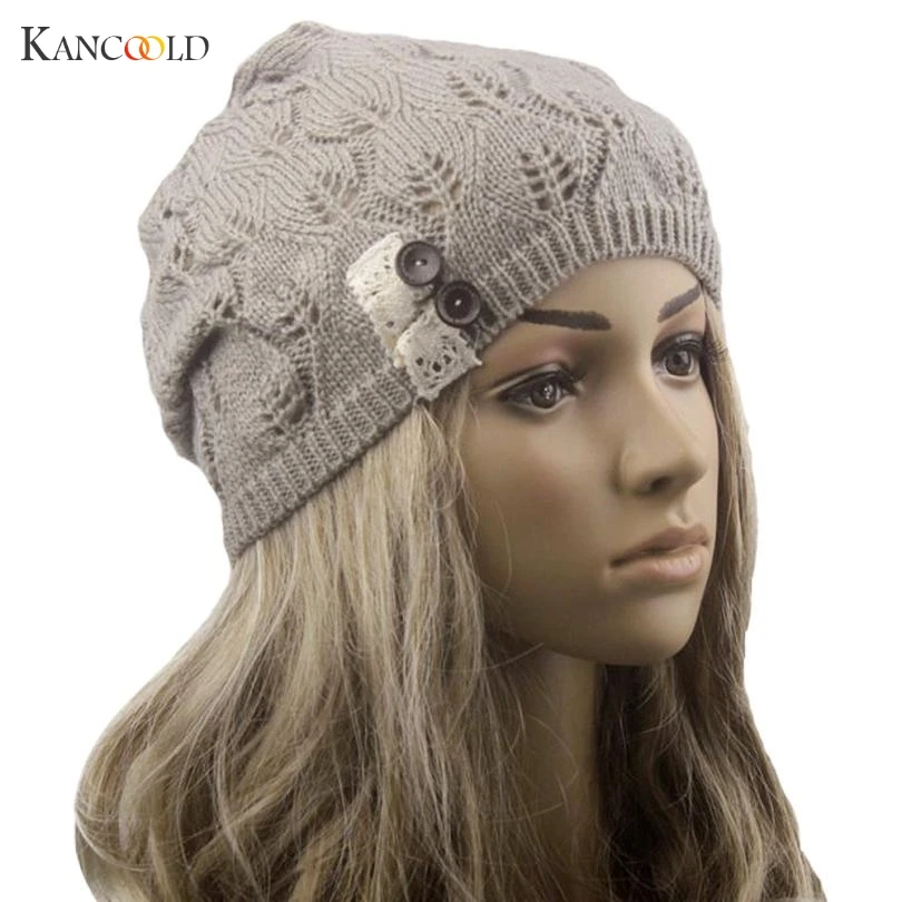 

2017 Women Winter Knitted Wool Cap Folds Casual Beanies Hat Solid Skullies Beanie Hat Warm Baggy For Female Beanie drop ship A