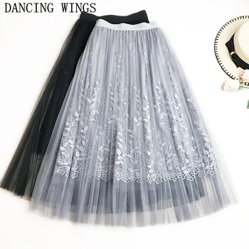 High Waist Lace Embroidery Women Summer Skirts Black Grey Fashion Tulle Mesh Long Pleated Skirts Female
High Waist Lace Embroidery Women Summer Skirts Black Grey Fashion Tulle Mesh Long Pleated Skirts Female