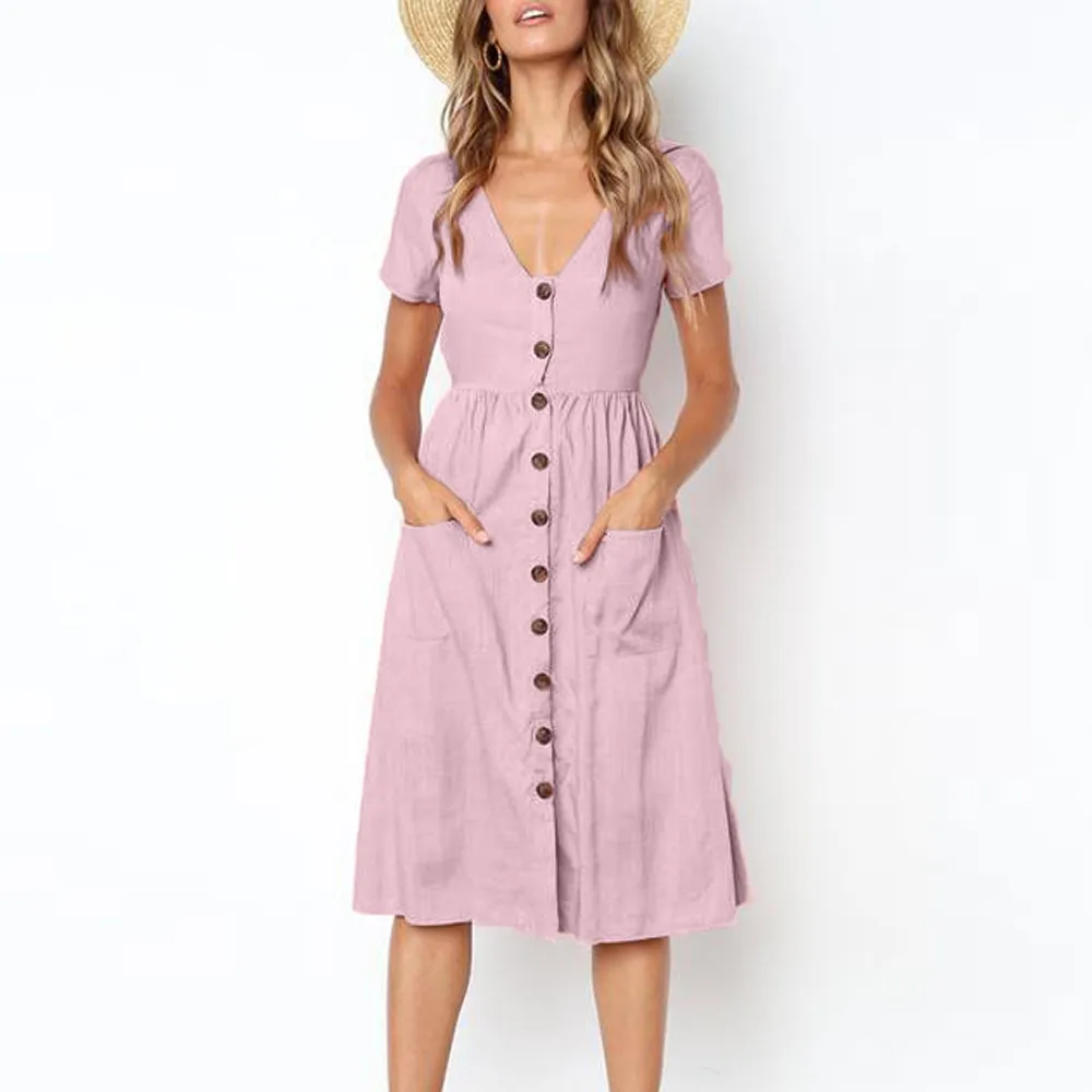Dress Womens Holiday Summer Beach Solid Short Sleeve Buttons Party Dress Vestidos Verano Plus Size Elegant Women Dress Vestidos
Dress Womens Holiday Summer Beach Solid Short Sleeve Buttons Party Dress Vestidos Verano Plus Size Elegant Women Dress Vestidos
