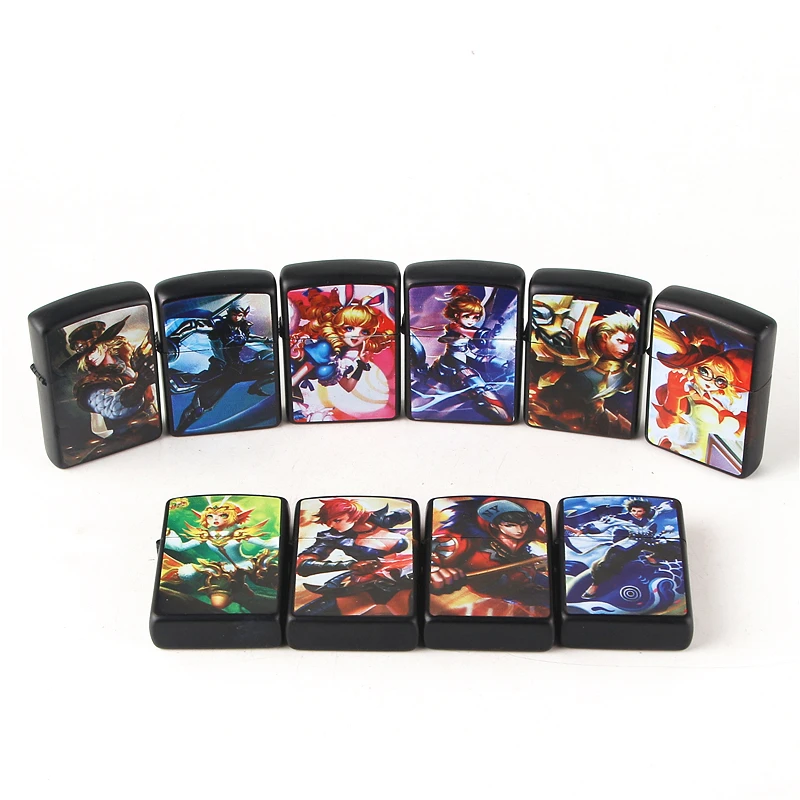 Reusable metal oil lighter Color printing mobile game character photo kerosene lighte
Reusable metal oil lighter Color printing mobile game character photo kerosene lighte
