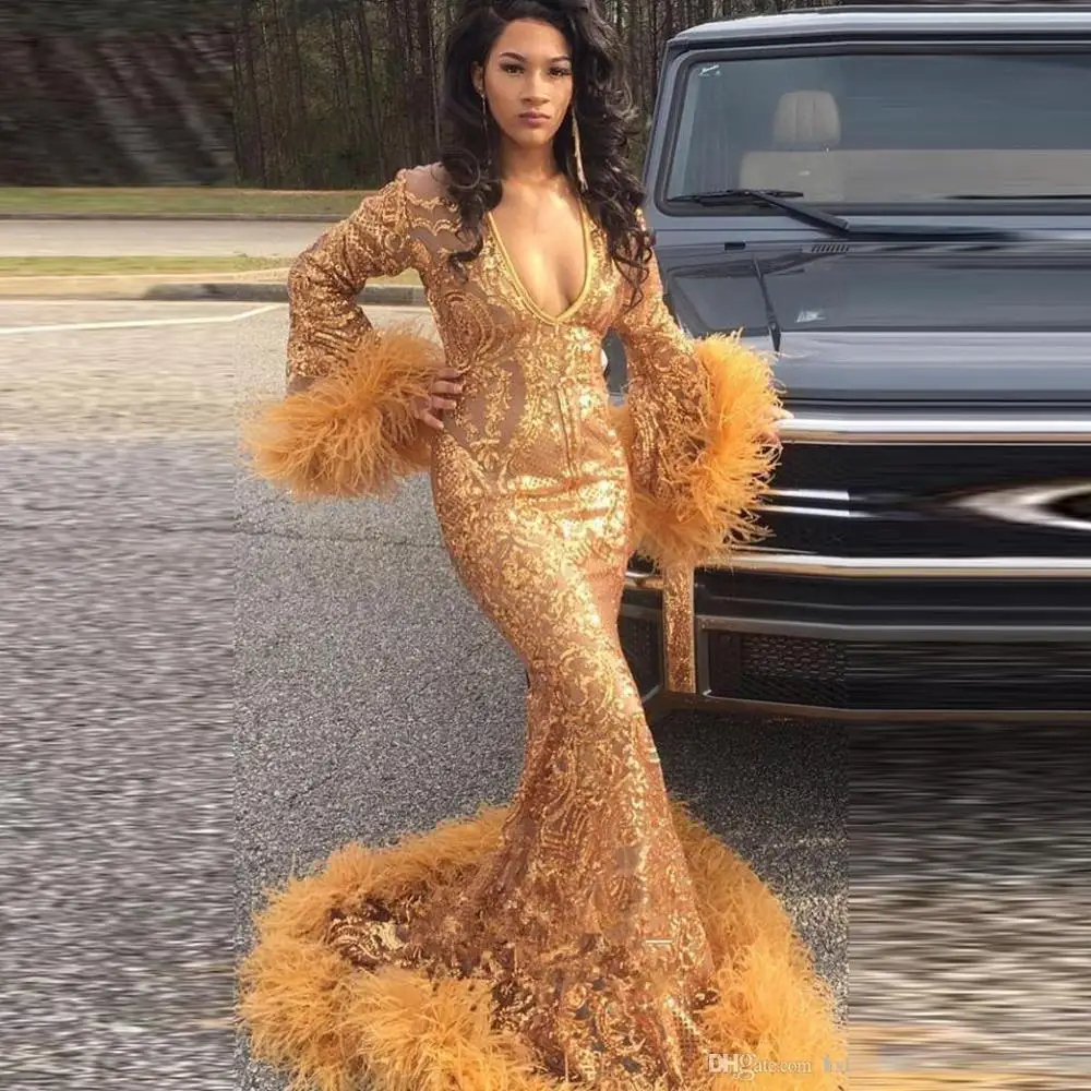 Gold Formal Dresses 2019 Sexy V Neck Full Sleeves Floor Length Fashion Mermaid Evening Gowns Feathers Gorgeous robe de soiree
Gold Formal Dresses 2019 Sexy V Neck Full Sleeves Floor Length Fashion Mermaid Evening Gowns Feathers Gorgeous robe de soiree