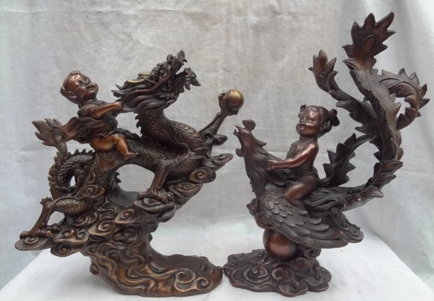 song voge gem S2426 14" Chinese Pure Bronze Kid Child Girl Boy Ride Dragon Phoenix Statue Pair
song voge gem S2426 14" Chinese Pure Bronze Kid Child Girl Boy Ride Dragon Phoenix Statue Pair