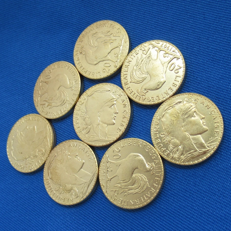 

France Coins 20 Francs (1907-1914) Rooster 8PCS Real Gold Plated Coins COPY