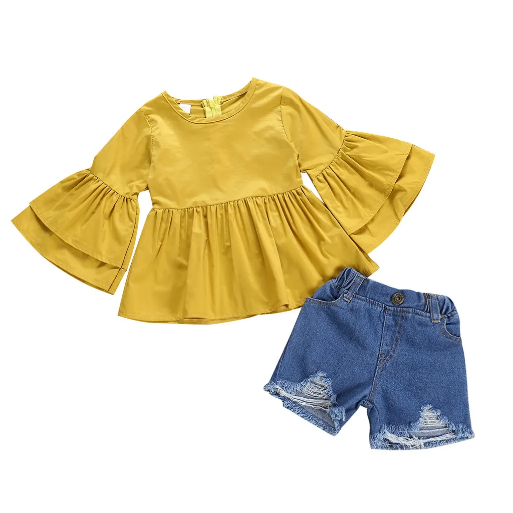 Toddler Kid Baby Girs Ruffled Trumpet Sleeves Top O-Neck Solid Top Denim Shorts 2PC Outfits Set baby girl clothes
Toddler Kid Baby Girs Ruffled Trumpet Sleeves Top O-Neck Solid Top Denim Shorts 2PC Outfits Set baby girl clothes