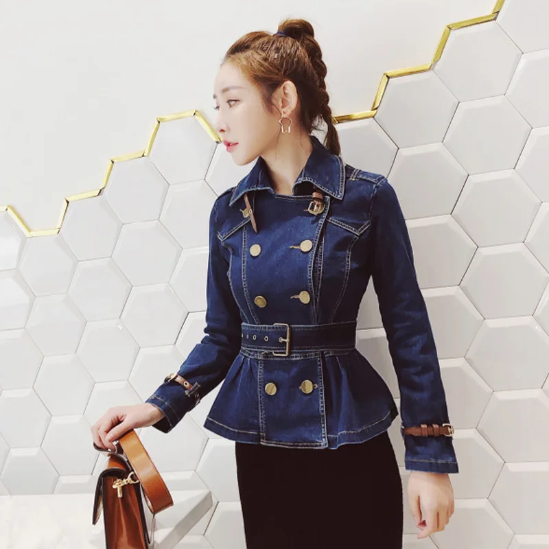 New 2019 Spring Autumn Female Short Denim Coats Double Breasted Ruffles Hem Belt Jean Jackets for Women Slim Coat B456
New 2019 Spring Autumn Female Short Denim Coats Double Breasted Ruffles Hem Belt Jean Jackets for Women Slim Coat B456