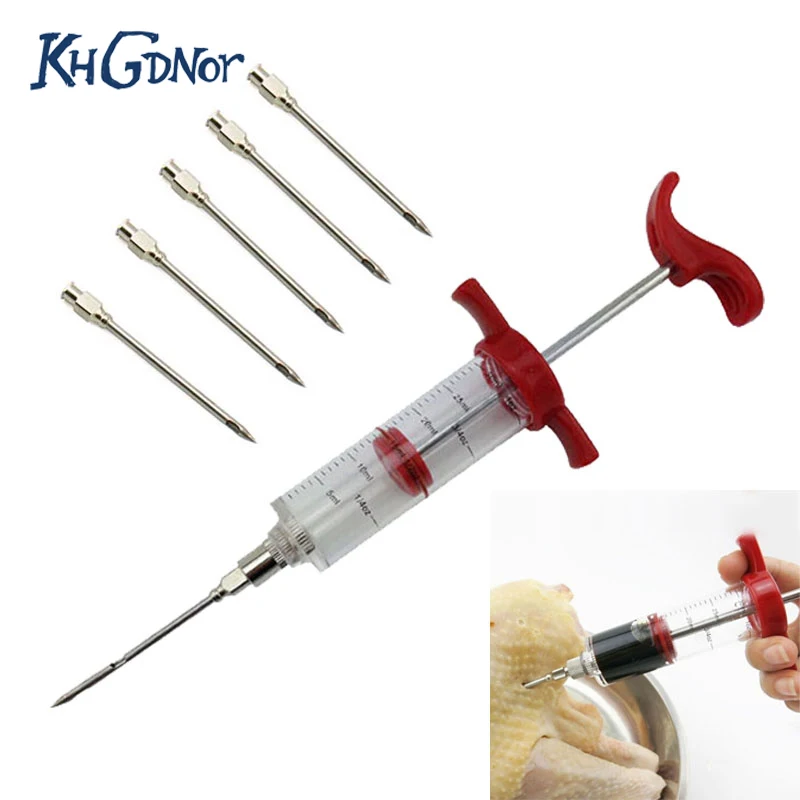 

5 Stainless Steel Needles Spice Syringe Set BBQ Meat Flavor Injector Kithen Cooking Sauce Marinade I Accessories