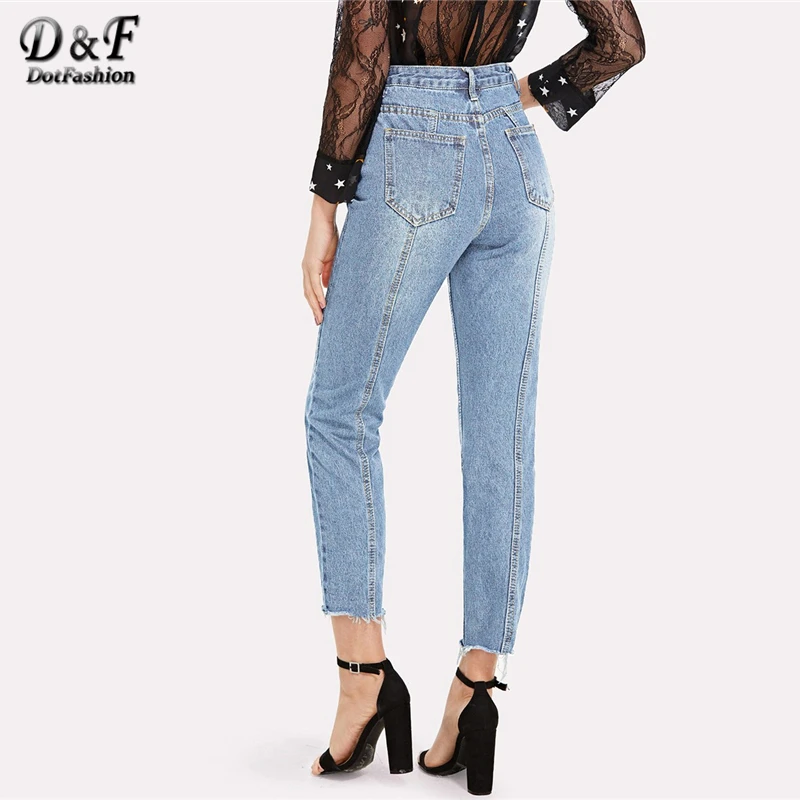 

Dotfashion Blue Frayed Hem Jeans Woman 2019 Autumn Casual High Waisted Pants Womens Clothing Spring Korean Style Plain Trousers