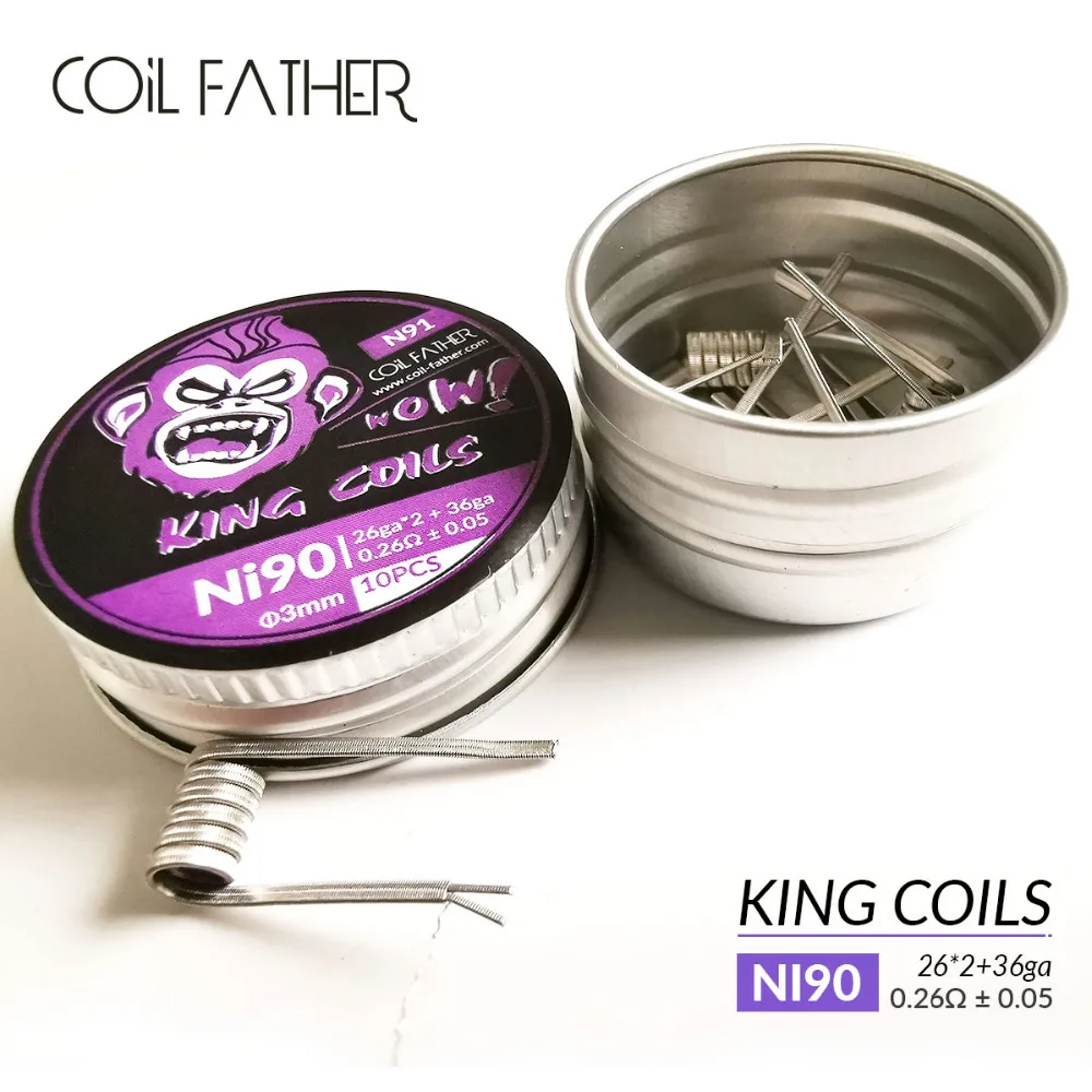 Coil Father 10pcs/box Ni80 Ni90 Nichrome Coil Prebuilt Premade King Coils Alien Clapton For Electronic Cigarette RDA RTA
Coil Father 10pcs/box Ni80 Ni90 Nichrome Coil Prebuilt Premade King Coils Alien Clapton For Electronic Cigarette RDA RTA
