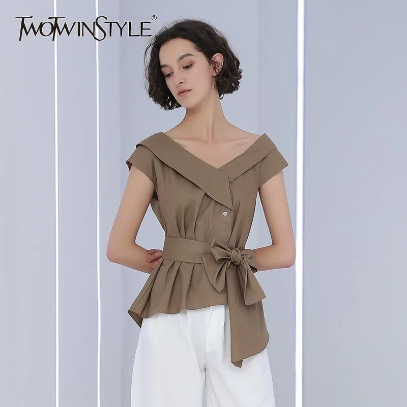 TWOTWINSTYLE Off Shoulder Women's Shirts Sleeveless Irregular Patchwork Sashes High Waist Blouses Female Casual Clothes New 2019
TWOTWINSTYLE Off Shoulder Women's Shirts Sleeveless Irregular Patchwork Sashes High Waist Blouses Female Casual Clothes New 2019