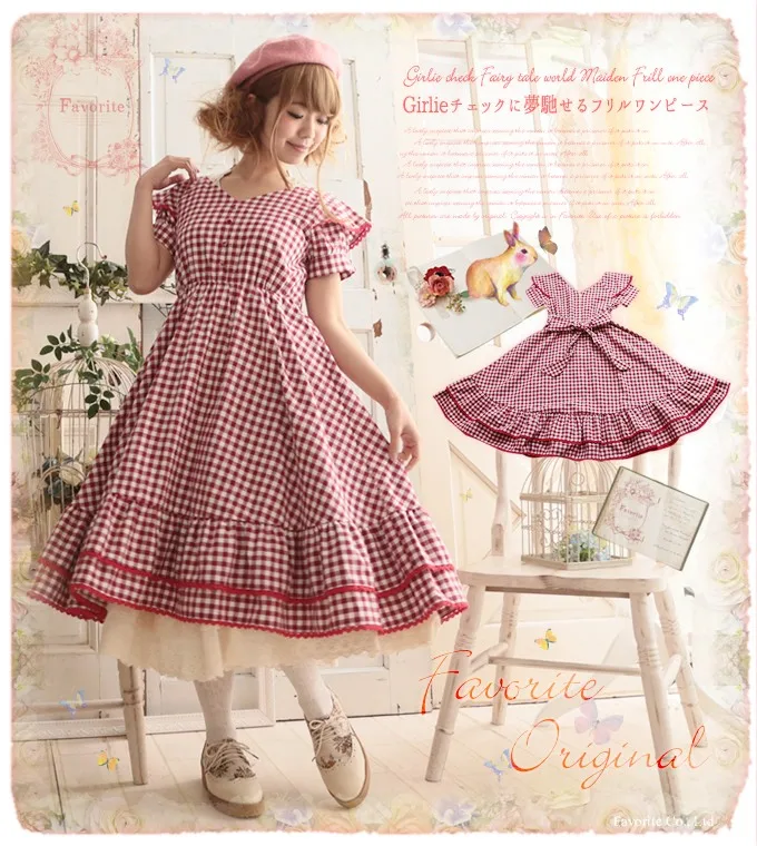 

Mori Girl Style Lolita 2016 plaid red color bow big lacing dress one-piece dress Japanese descent Palace short lady dress