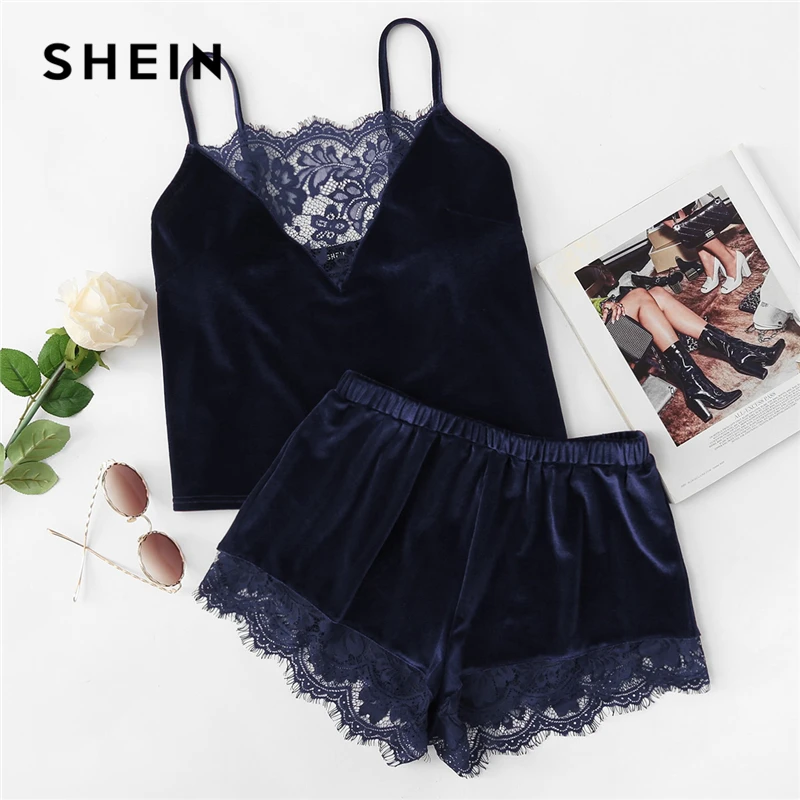 

SHEIN Navy Lace Trim Velvet Cami Shorts PJ Set Sexy Spaghetti Strap Sleeveless Sleepwear Women Stretchy Summer Pajamas Set