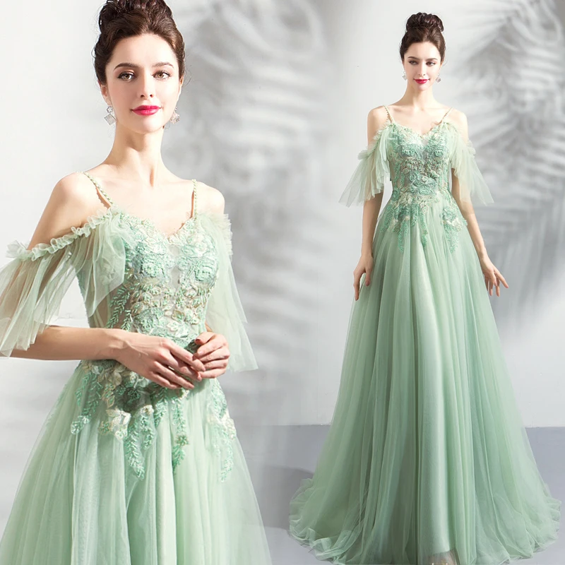 Women Dress Light Green Prom Dresses 2019 Off Shoulder Spaghetti Straps Lace Appliques Illusion Beading Evening Gowns
Women Dress Light Green Prom Dresses 2019 Off Shoulder Spaghetti Straps Lace Appliques Illusion Beading Evening Gowns