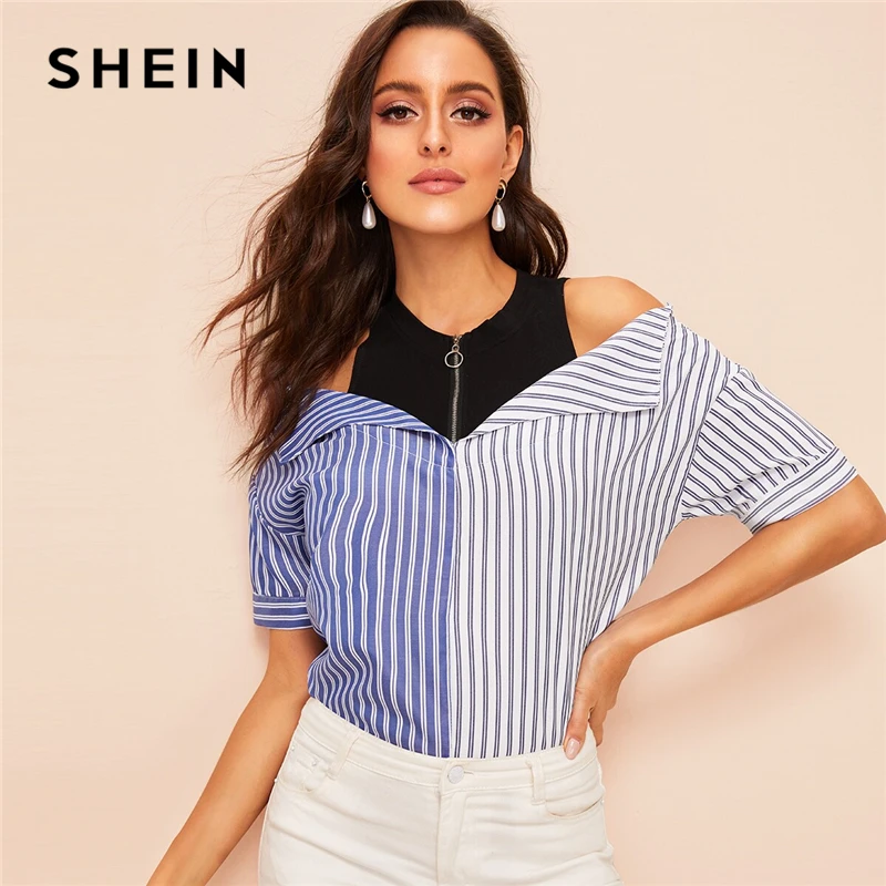 SHEIN Cold Shoulder Zip Half Placket Striped Top Spliced Blouse Women Spring Summer Colorblock High Street Casual Blouses
SHEIN Cold Shoulder Zip Half Placket Striped Top Spliced Blouse Women Spring Summer Colorblock High Street Casual Blouses