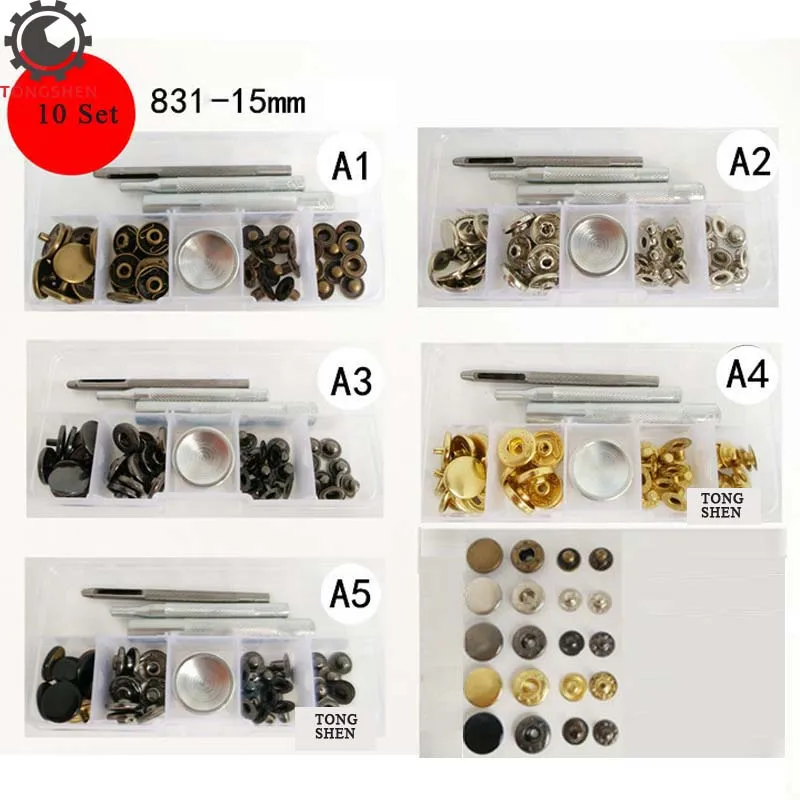 15mm 10Set Metal Brass Snap Fastener Press Stud Rivet Sewing Leather Button Craft For Clothes Garment With 4pcs Fixing Tools 831
15mm 10Set Metal Brass Snap Fastener Press Stud Rivet Sewing Leather Button Craft For Clothes Garment With 4pcs Fixing Tools 831