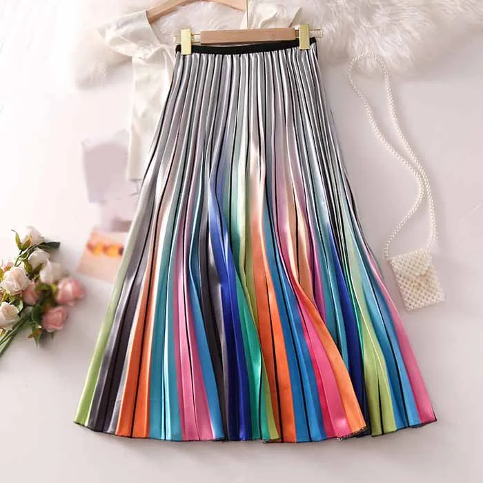 2019 Metallic Silver Multicolor Rainbow Stripe Printed Skirt Elastic Waist Pleated Skirt Women A-Line Skirt
2019 Metallic Silver Multicolor Rainbow Stripe Printed Skirt Elastic Waist Pleated Skirt Women A-Line Skirt