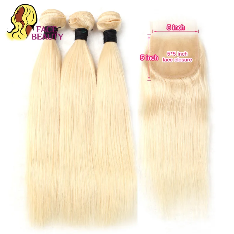 

Facebeauty 1B 613 Ombre Blonde Weave Weft 8 - 28 Inch Remy Brazilian Straight Human Hair 2/3/4 Bundles with 5x5 Lace Closure