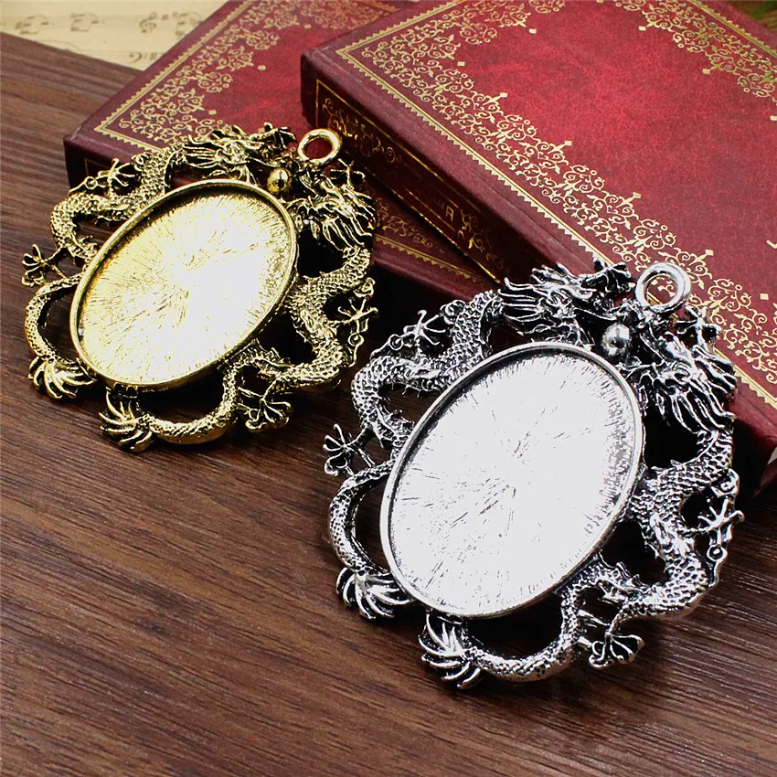 6 Sets Oval Blank Pendant Tray+30x40mm Glass Cabochons Bezel Setting Cameo Frame