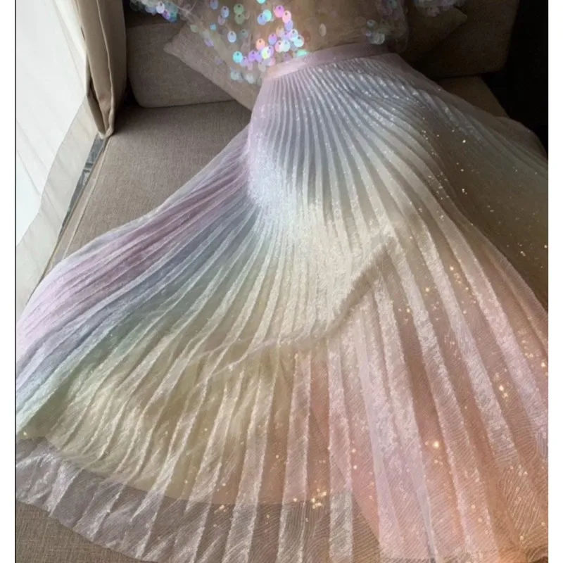 

Women TUTU High Waist Mesh Midi Pleated Gauze Sequin Elegant Skirt Female Casual Fashion Gradient Rainbow Skirt Runway 2019 SS