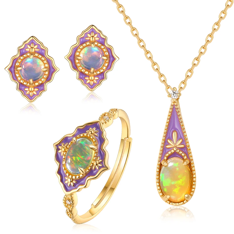 ALLNOEL Real Opal Enamel Jewelry Set Natural Gemstone Luxury Pendants Necklace Stud Earrings Rings 925 Sterling Silver Jewellry (1)