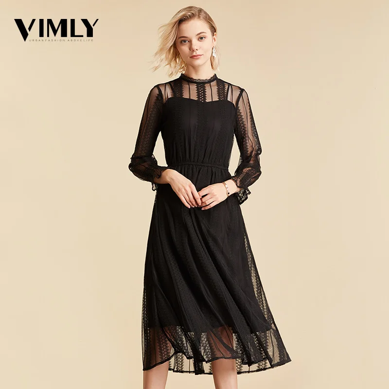 Vimly Elegant Mesh Lace Embroider Women Dress Stand-Neck Flare Sleeve Party Dresses Sexy Midi Elastic Waist Hollow Out Dress
Vimly Elegant Mesh Lace Embroider Women Dress Stand-Neck Flare Sleeve Party Dresses Sexy Midi Elastic Waist Hollow Out Dress