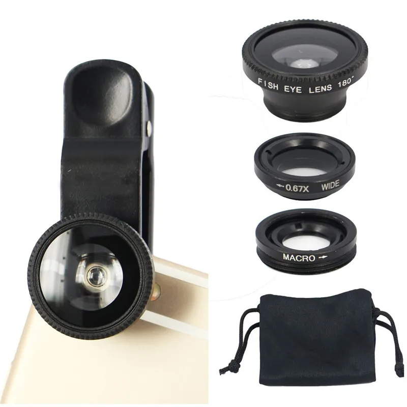 

3 in 1 Clip On Phone Lens Fish Eye 0.67X Wide Angle 10X Macro camera Lens Universal HD Lens kit For IPhone 7 6S Plus SE huawei