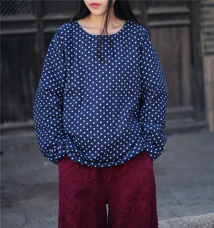 Casual Thick Warm O Neck Compacted Polka Dots Lady Wadded Cotton Top, Winter Basic Bottoming Blue Beige Dot Women Pullover Parka
Casual Thick Warm O Neck Compacted Polka Dots Lady Wadded Cotton Top, Winter Basic Bottoming Blue Beige Dot Women Pullover Parka