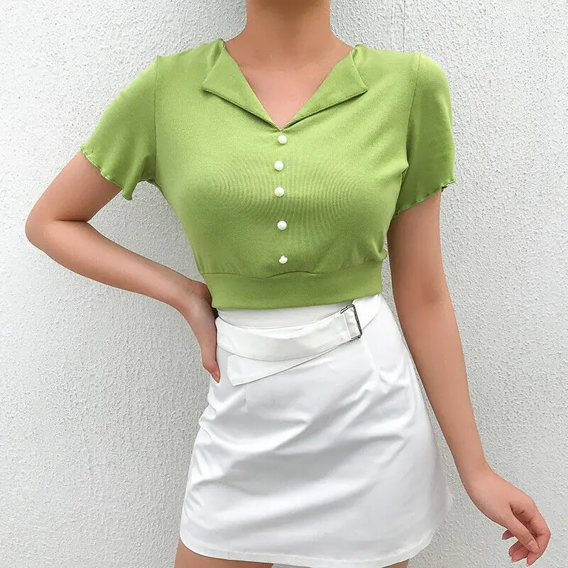 Summer Green Trendy Sweet Women Short Sleeve Slim Fit T Shirts Summer Casual Lace Up Buttons Stitching Crop Tops Tee Shirt
Summer Green Trendy Sweet Women Short Sleeve Slim Fit T Shirts Summer Casual Lace Up Buttons Stitching Crop Tops Tee Shirt