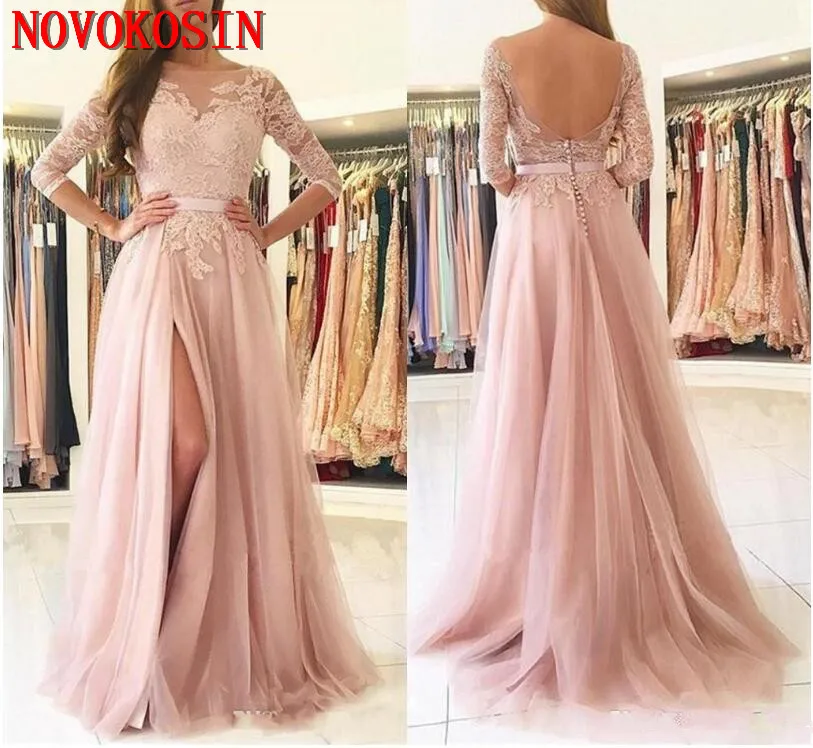 

2019 Bridesmaid Dresses Blush Pink Lace Appliques Tulle Split Sashes Open Back Long Wedding Guest Dress Maid Of Honor Gowns
