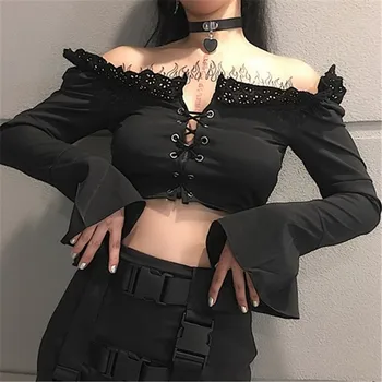 Women New Off Shoulder Sexy Shirts Girl Flare Sleeve Hollow Out Blouse Crop Tops Cross Straps Expose Black Dark Gothic Shirts
Women New Off Shoulder Sexy Shirts Girl Flare Sleeve Hollow Out Blouse Crop Tops Cross Straps Expose Black Dark Gothic Shirts