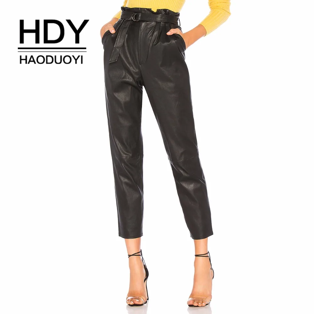 HDY haoduoyi simple high waist with belt straight pants pure black beveled pocket long section leather pants female models
HDY haoduoyi simple high waist with belt straight pants pure black beveled pocket long section leather pants female models