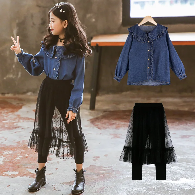Spring & Autumn Girls Clothes Sets Casual Long Sleeve Denim Shirts + Lace Patchwork Pants 2PC Teenager Kids Clothes Vestidos
Spring & Autumn Girls Clothes Sets Casual Long Sleeve Denim Shirts + Lace Patchwork Pants 2PC Teenager Kids Clothes Vestidos