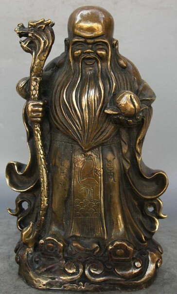 

JP S0524 11" Chinese Copper Feng Shui Dragon crutch Stand god of longevity peach Statue (B0413)