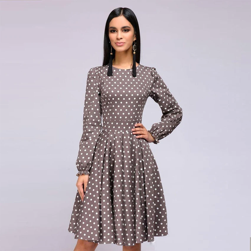 O-neck Dot Print Pleated Knee-length Dress Women Casual Long Sleeve A-line Slim Dresses Ladies Vintage Elegant Dress Autumn 2019
O-neck Dot Print Pleated Knee-length Dress Women Casual Long Sleeve A-line Slim Dresses Ladies Vintage Elegant Dress Autumn 2019