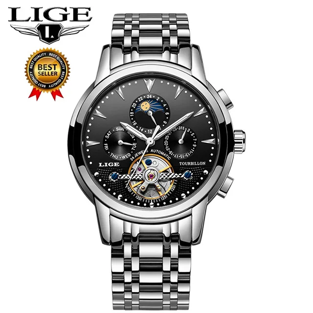 LIGE для мужчин часы Self-Wind Tourbillon механические водостойкий Автоматический Скелет