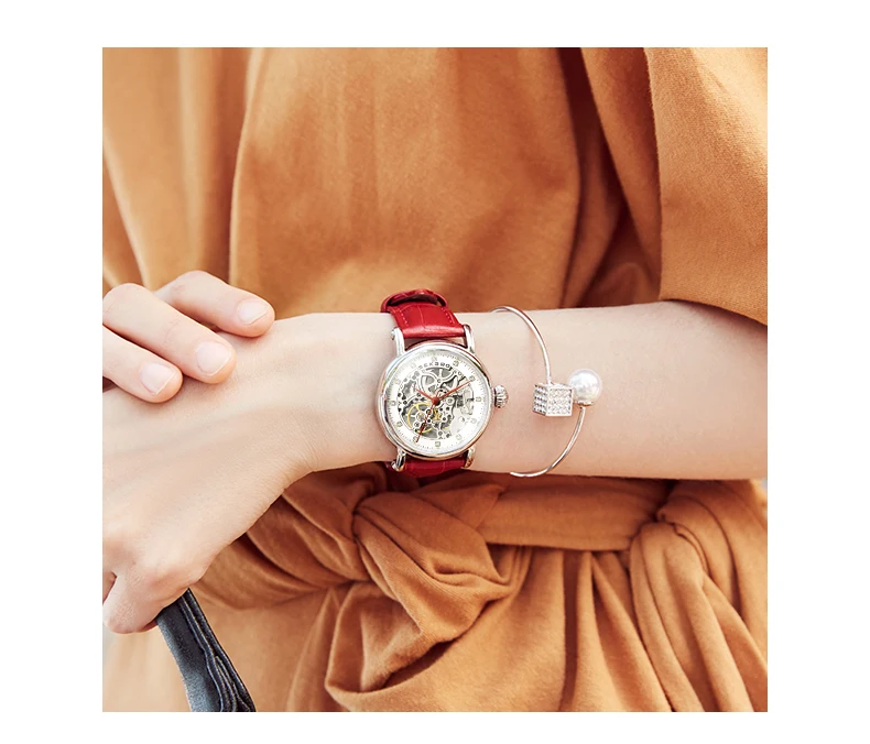 SEKARO Brand Women Mechanical Watches Diamond Ladies hand-winding Wristwatches Leather Fashion Skeleton Dial Gift for Female