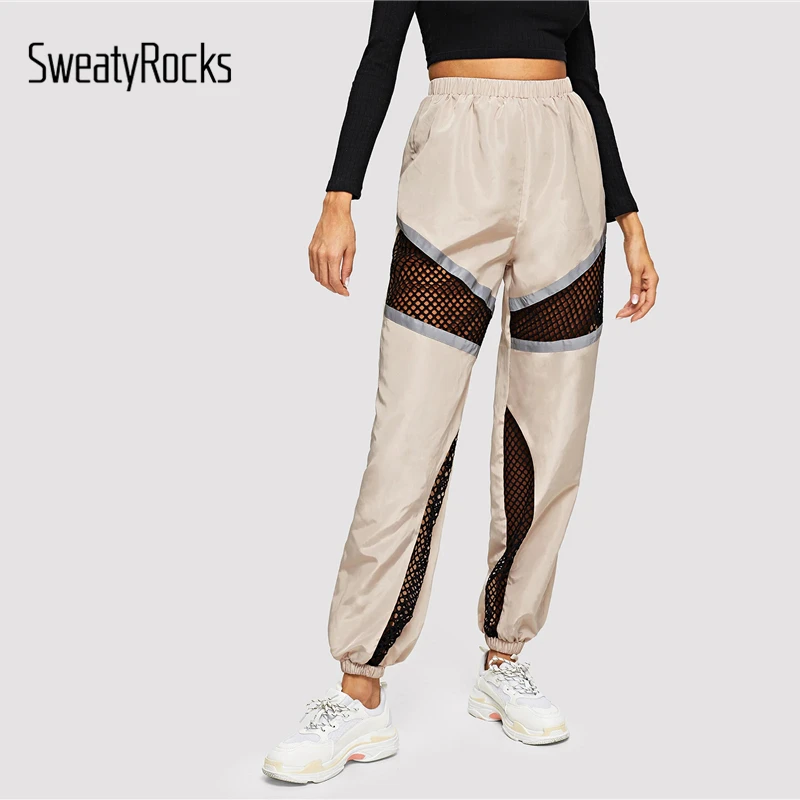 

SweatyRocks Fishnet Mesh Insert Colorblock Sweatpants Active Wear Casual Long Trousers 2019 Spring Athleisure Beige Women Pants