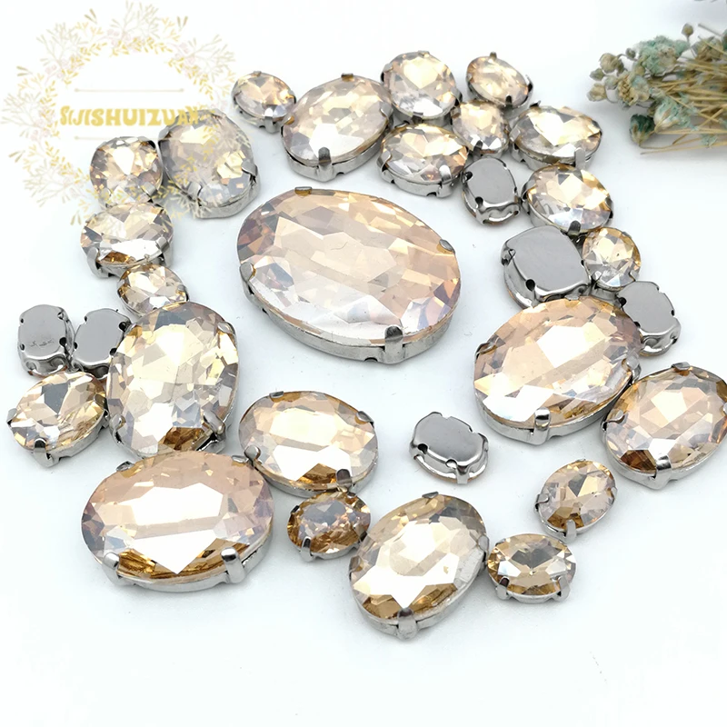 30pcs 5 SIZES NEW!!! MIX Champagne OVAL Size Crystal Glass Sew-on Rhinestones Silver Bottom DIY Women's Dresses and shoes BAG | Дом и сад
