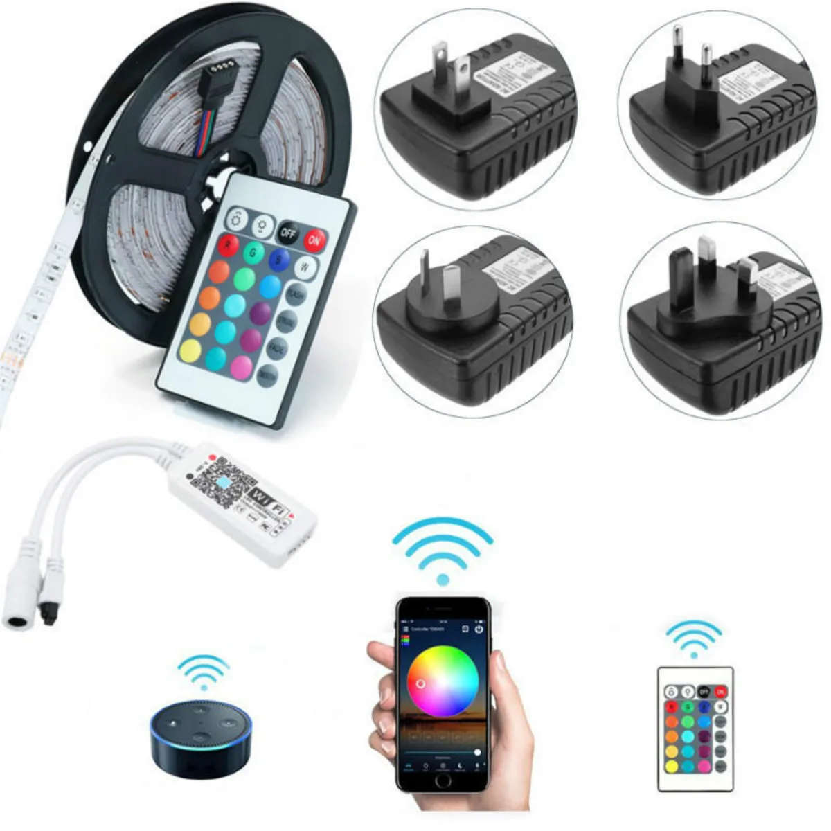 5M SMD2835 Alexa Smart Home WIFI Controller APP Control Non-waterproof RGB LED Strip Light DC12V + WiFi controller+24key remote
5M SMD2835 Alexa Smart Home WIFI Controller APP Control Non-waterproof RGB LED Strip Light DC12V + WiFi controller+24key remote
