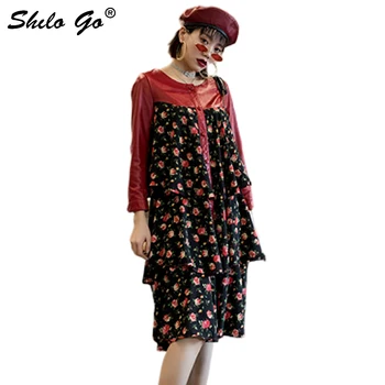 Floral Print Leather Dress Women Summer Layered Ruffles Chiffon Spliced Sheepskin Genuine Leather Trumpet Dress Loose Lady Dress
Floral Print Leather Dress Women Summer Layered Ruffles Chiffon Spliced Sheepskin Genuine Leather Trumpet Dress Loose Lady Dress