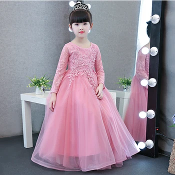 

New Luxury Elegant Children Girls Birthday Wedding Party Lace Mesh Dress Kids Babies Long Sleeves Spring Ball Gown Pageant Dress