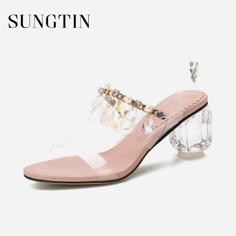 Sungtin Sexy Chic Transparent High Heels Women Rhinestone Block Heel Sandals Ladies Handmade Party Wedding Shoes 2018 Summer 
Sungtin Sexy Chic Transparent High Heels Women Rhinestone Block Heel Sandals Ladies Handmade Party Wedding Shoes 2018 Summer