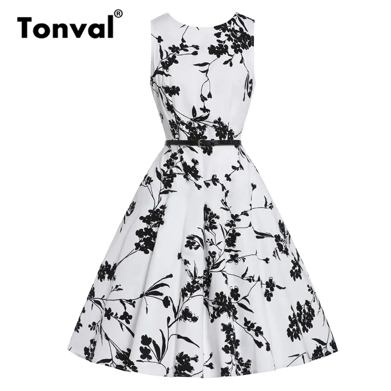 Tonval Rockabilly Pin Up Floral Print White Dress Sleeveless Belted Fit and Flare Summer Dress Women A Line Vintage Dresses
Tonval Rockabilly Pin Up Floral Print White Dress Sleeveless Belted Fit and Flare Summer Dress Women A Line Vintage Dresses