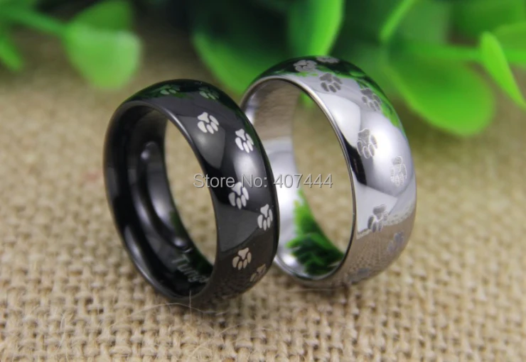

Free Shipping USA UK Canada Russia Brazil Hot Sales 8MM High Polish Black/Silver Dome Doggy Prints Men's Tungsten Wedding Rings
