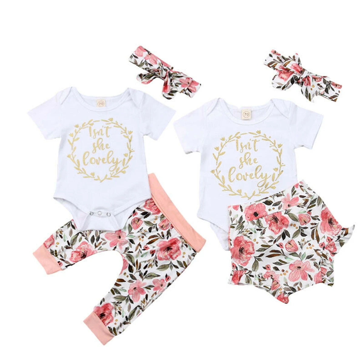 

0-18M 3PCS Newborn Baby Girls Floral Outfits Isn't She Lovely Cotton Romper Leggings Pants Headband Infant Summer Clothes Set