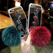 Ultra Soft Fur Ball Cyrstal Chain Mirror Surface Phone font b Cases b font Coque Back