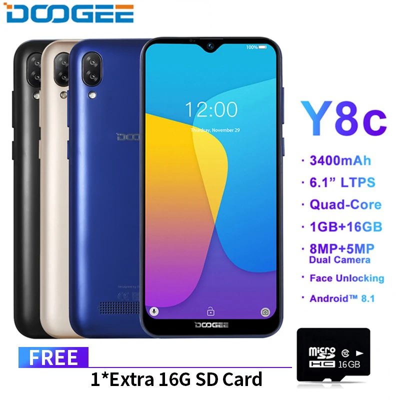 

DOOGEE Y8c Android 8.1 6.1inch 19:9 Waterdrop LTPS Screen Smartphone MTK6580 1GB RAM 16GB ROM 3400mAh Dual SIM 8MP+5MP WCDMA NEW