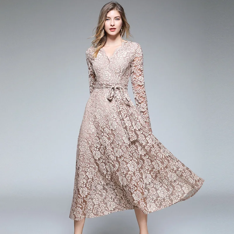 Spring Maxi Lace Dress New Bow Slim Fashion V-neck Sexy Hollow Out Work Casual Dresses Women A-line Vintage Vestidos
Spring Maxi Lace Dress New Bow Slim Fashion V-neck Sexy Hollow Out Work Casual Dresses Women A-line Vintage Vestidos