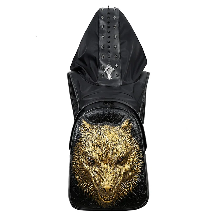 Fashion Personality Fierce wolf Embossing knife leather backpack rivets backpack with Hood cap apparel bag cross bags hiphop man Fashion Personality Fierce wolf Embossing knife leather backpack rivets backpack with Hood cap apparel bag cross bags hiphop man