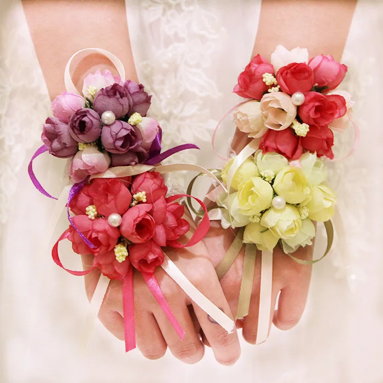 Image 10pcs lot high quality wedding wrist hand flowers bride bridesmaids wrist corsages groom corsages boutonniere white