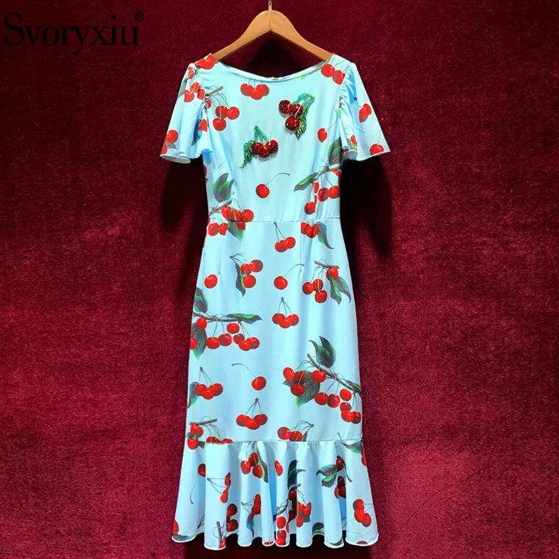 Svoryxiu Elegant Runway Summer Party Mermaid Dresses Women's luxury Cherry Beading Printed Blue Ruffles Midi Dress Vestdios
Svoryxiu Elegant Runway Summer Party Mermaid Dresses Women's luxury Cherry Beading Printed Blue Ruffles Midi Dress Vestdios